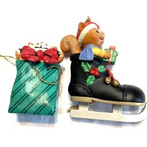 Figural Christmas Ornament Lot Animal Theme Ice Skate Cat Squirrel